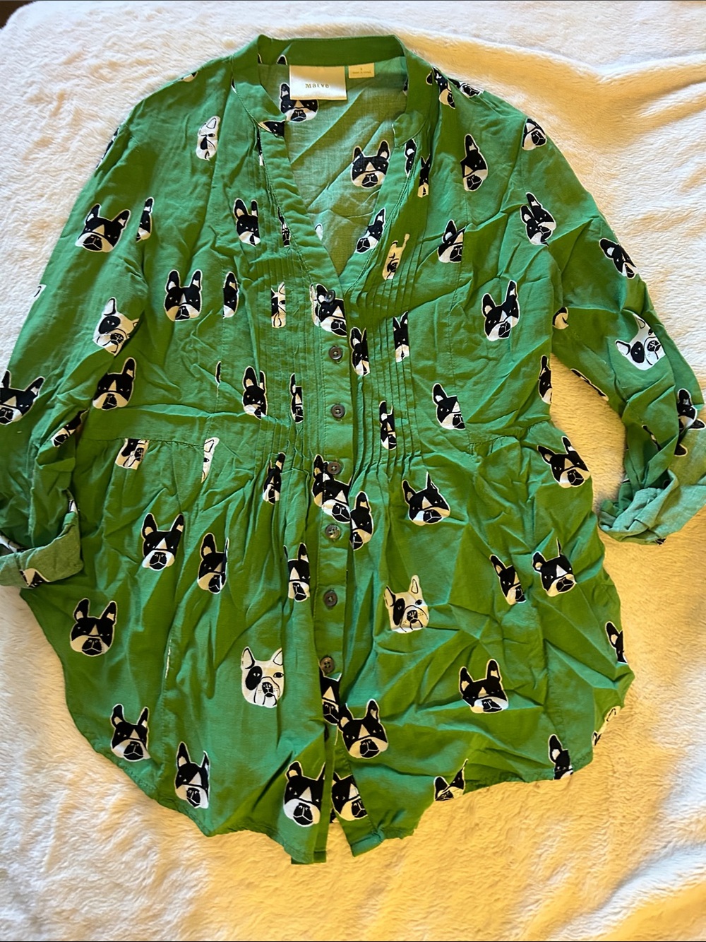 Anthropologie Green Button-Down Shirt with Black and White Dog Faces